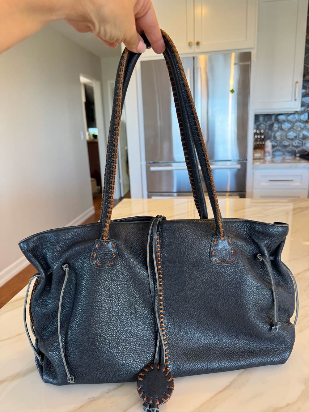 Carlos Falchi Black Leather Shoulder Tote with Whipstitch Detail